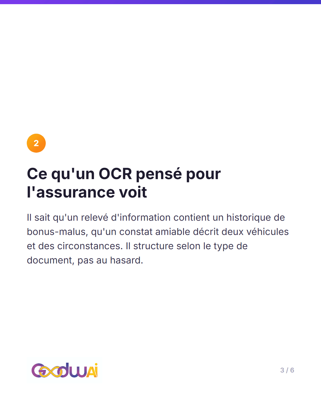 Un OCR générique lit du texte. Un OCR pensé pour l'assurance comprend un document, slide 3 sur 6