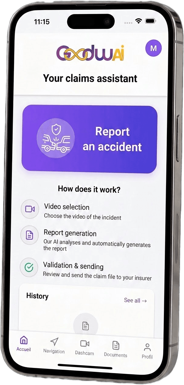 Application GoodwAI Mobile : écran d'accueil, déclarer un accident