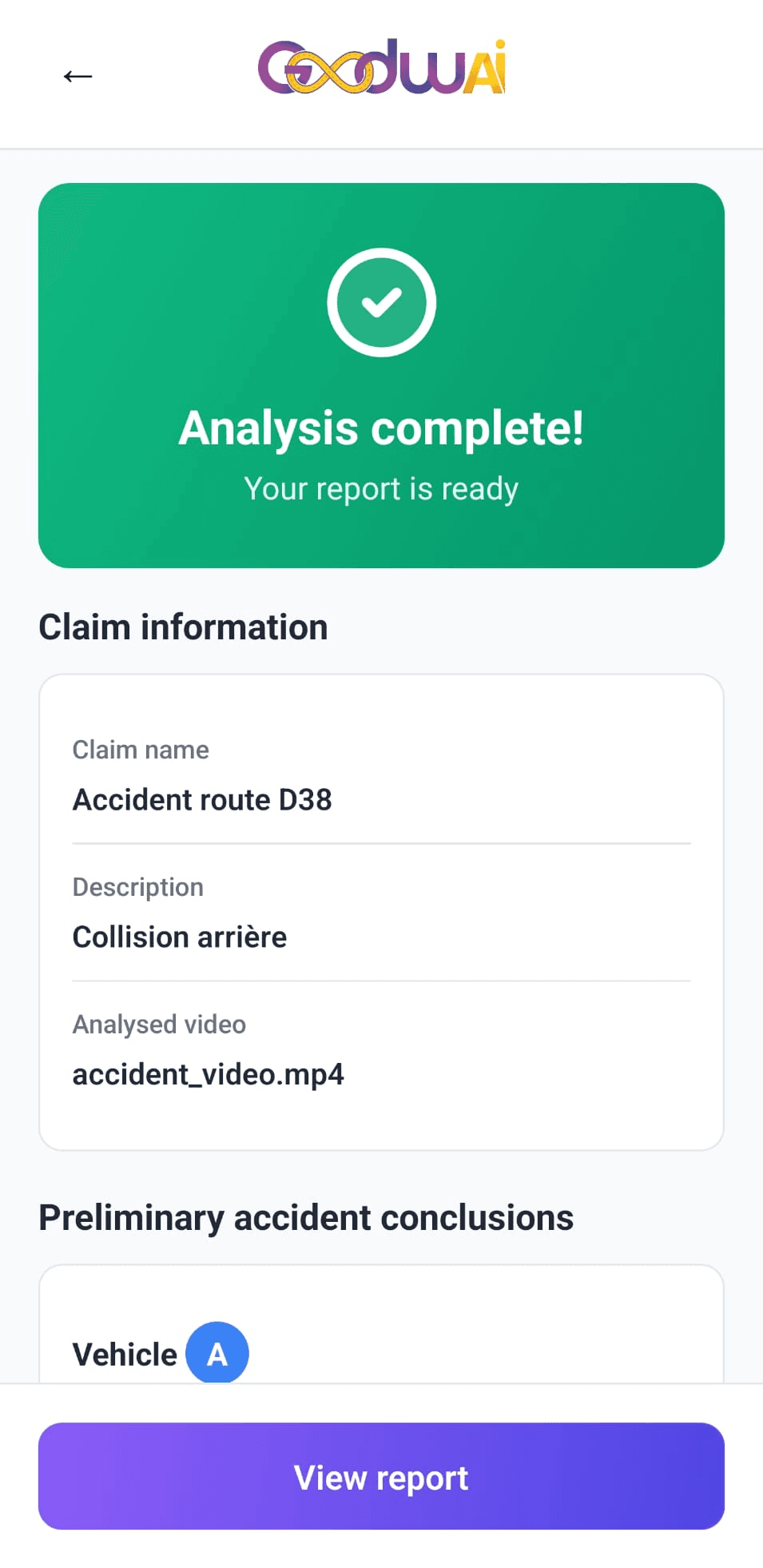 Analyse terminée : informations du sinistre complétées automatiquement