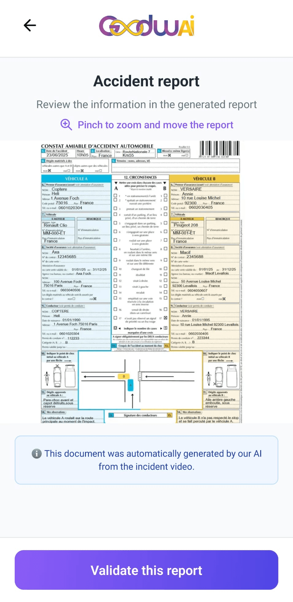 Constat amiable généré automatiquement par GoodwAI, prêt à être validé