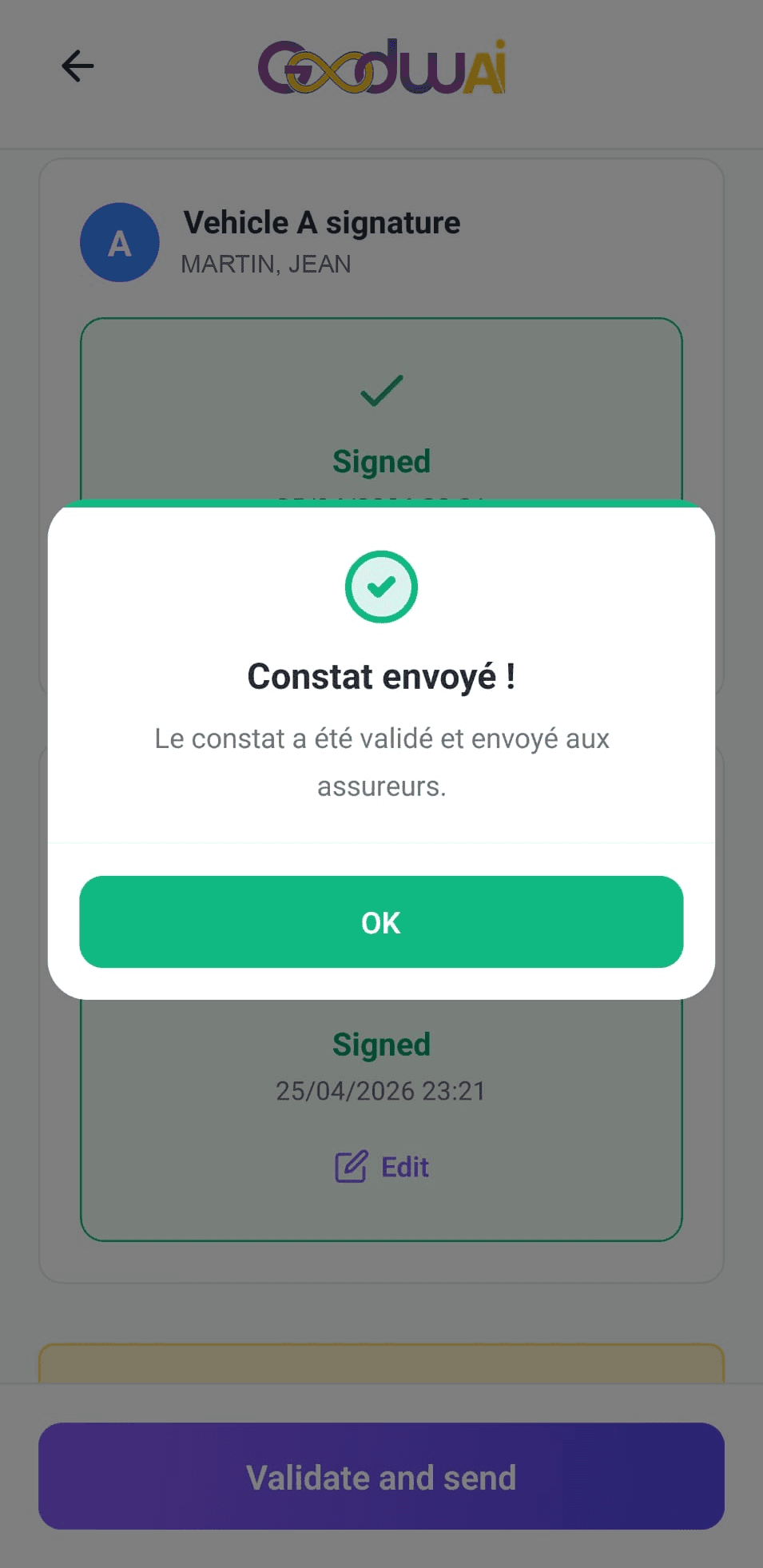 Constat envoyé : validé et transmis aux assureurs des deux parties