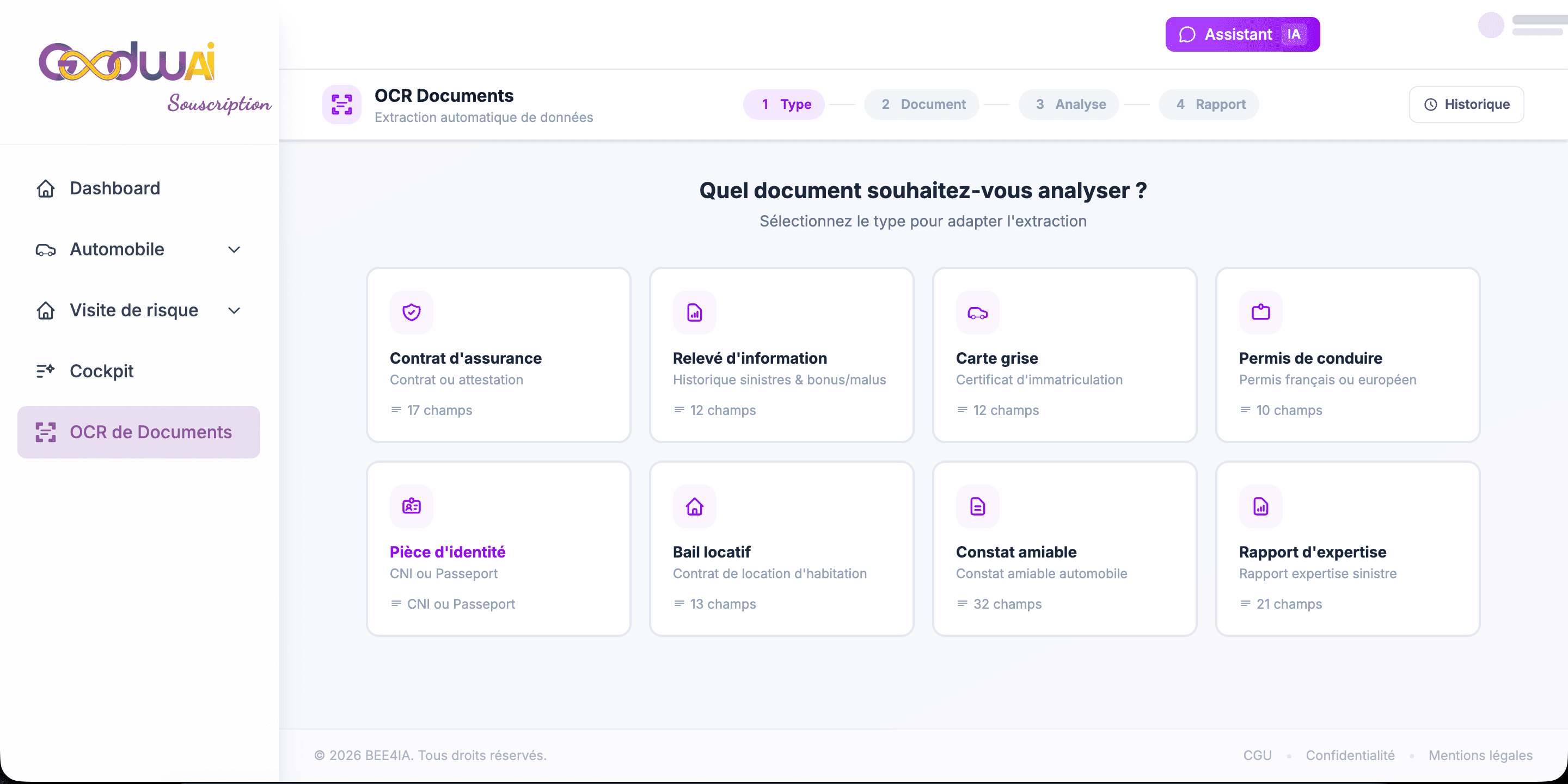 OCR de documents : choix du type de document à analyser (contrat, relevé d'information, carte grise, permis…)