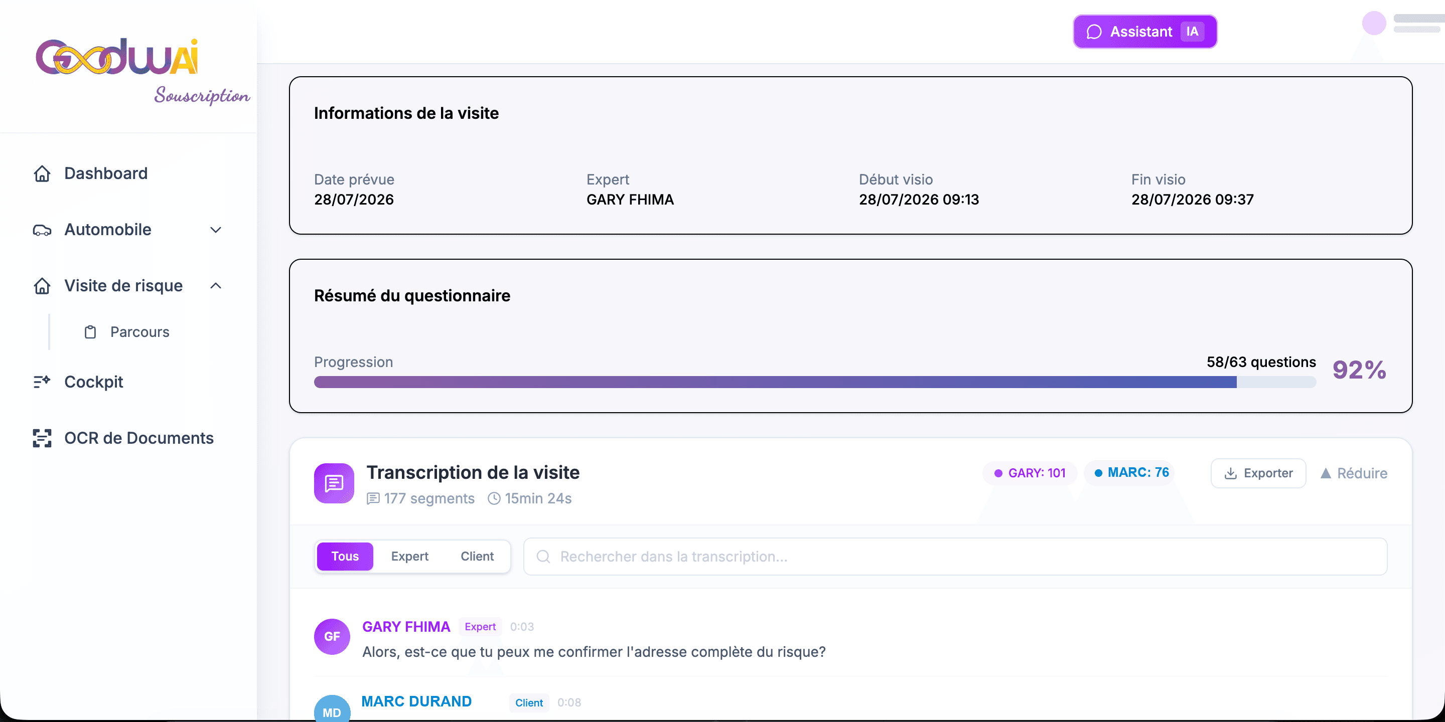 Rapport de visite de risque : questionnaire rempli à 92 % et transcription de la visio